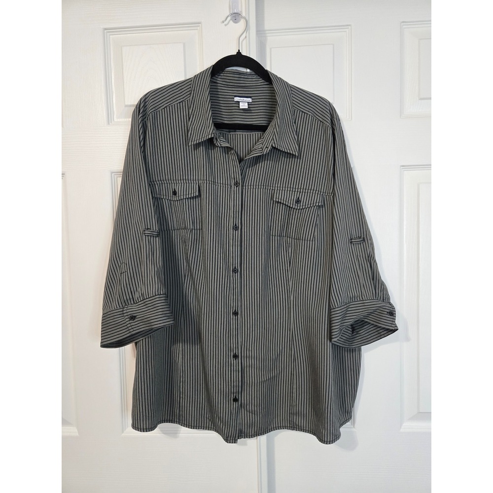 Croft & Barrow Grey Black Striped Roll Tab Sleeve Button Down Shirt Plus Size 3X